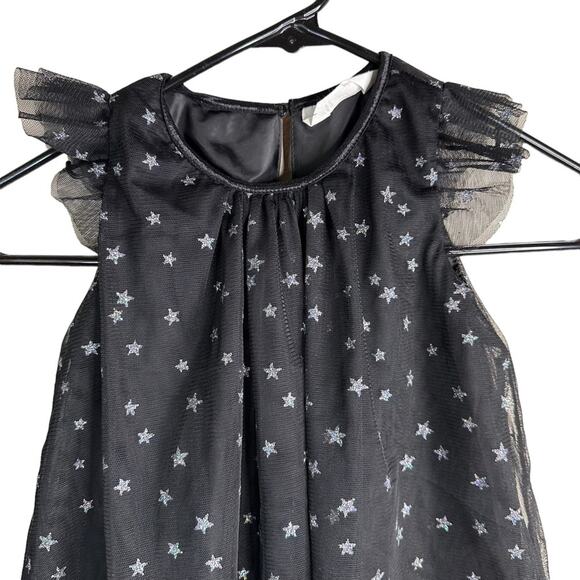 H&M Tulle Midi Dress Silver Star Print Ruffle Shoulders A-Line Lined Black 3-4Y - Picture 3 of 12